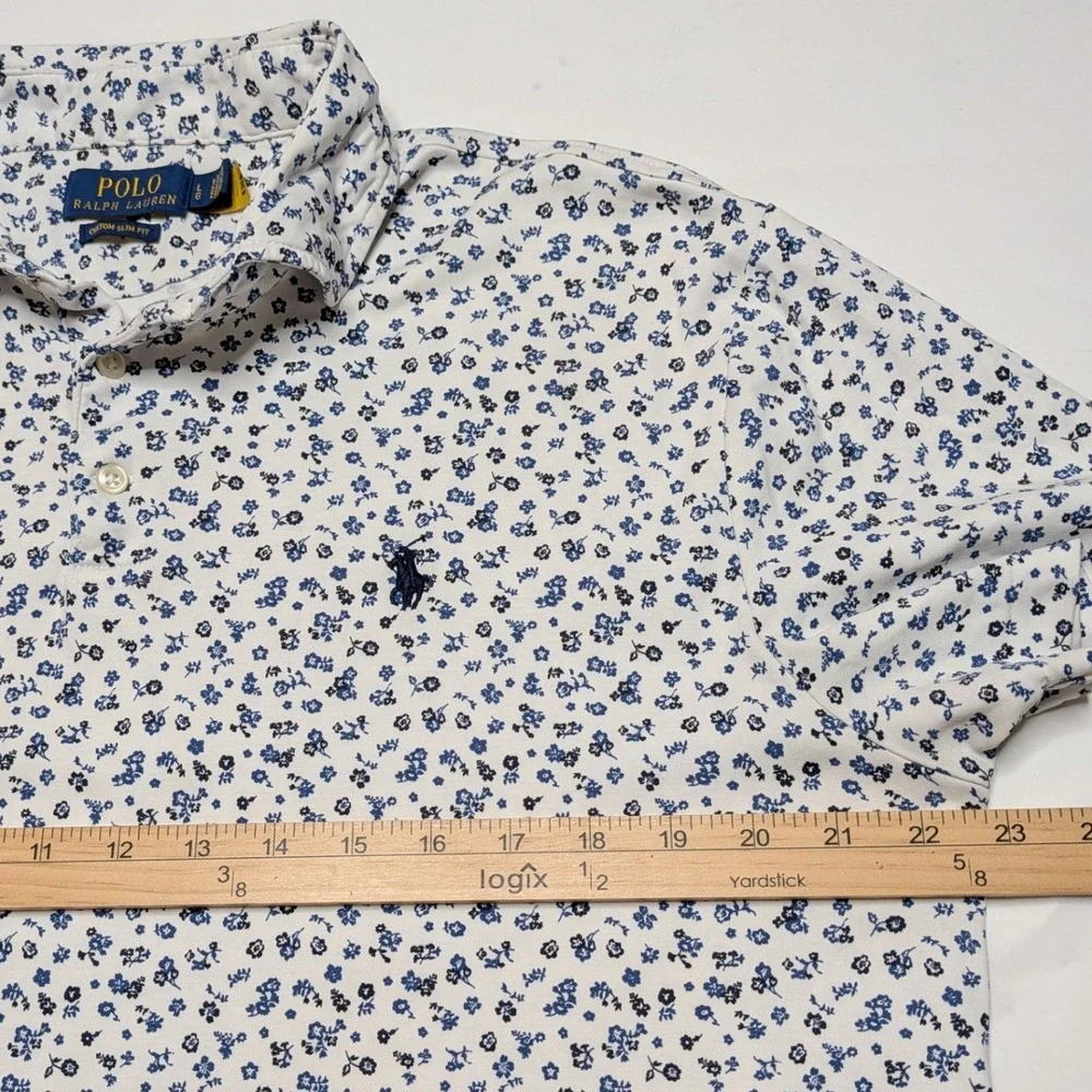 Polo Ralph Lauren Floral Polo Shirt Men's L White Blue Custom Slim Fit Cotton